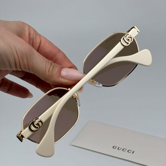 Gucci GG1593S 002 BRAND NEW Sunglasses Gold Ivory Pink  Geometric Unisex - Picture 3 of 12